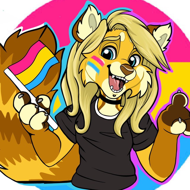 An illustration of Arcais, a red panda with long blonde hair, shown from the waist up holding a pansexual flag, with another pan flag behind her.