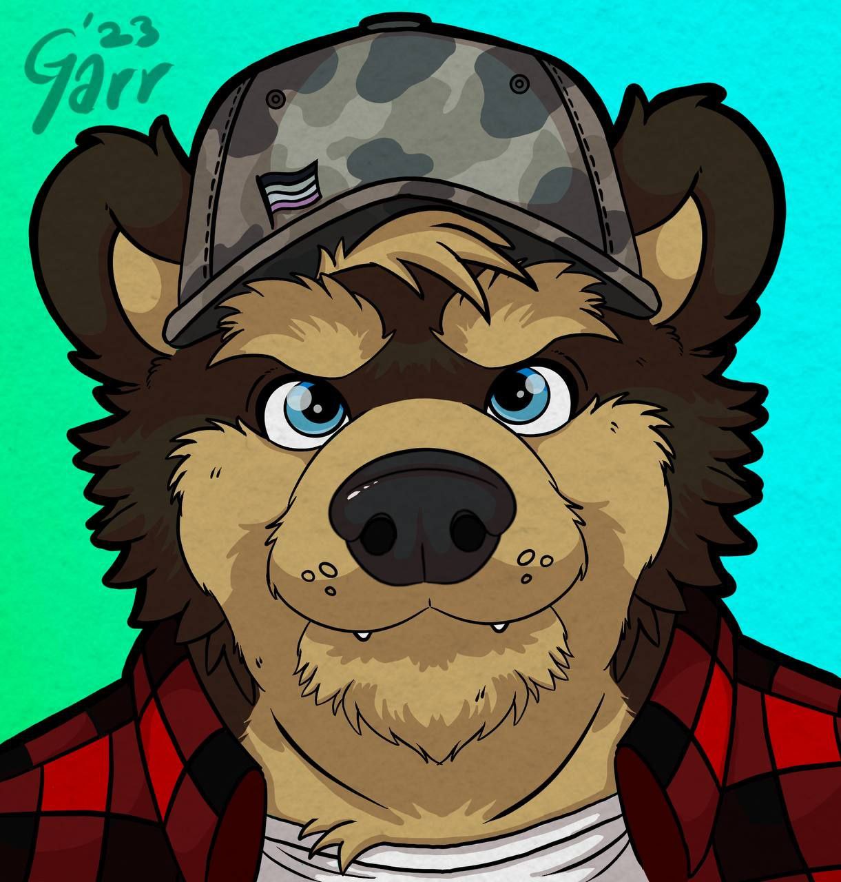 A headshot illustration of Lynden, a bear. He's wearing a red flannel shirt and a cap with an asexual flag on it.