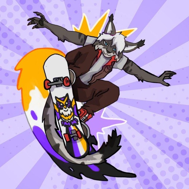 An illustration of Tonks, a lynx, pictured doing a sick jump on a skateboard. The image primarily uses the colours of the nonbinary flag.