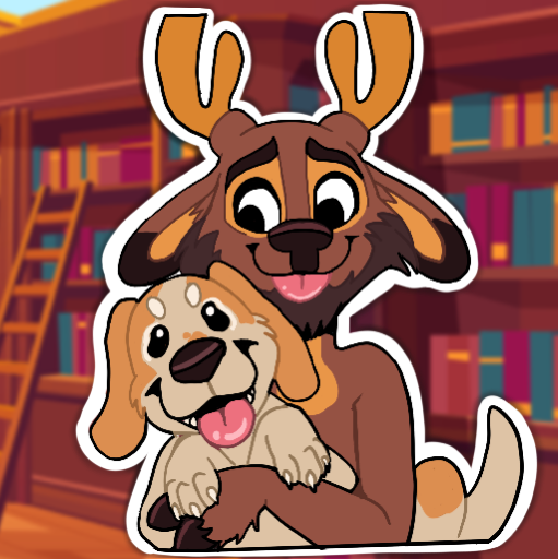 An illustration of Whiskian, a deer, holding his dog in front of a row of bookshelves.