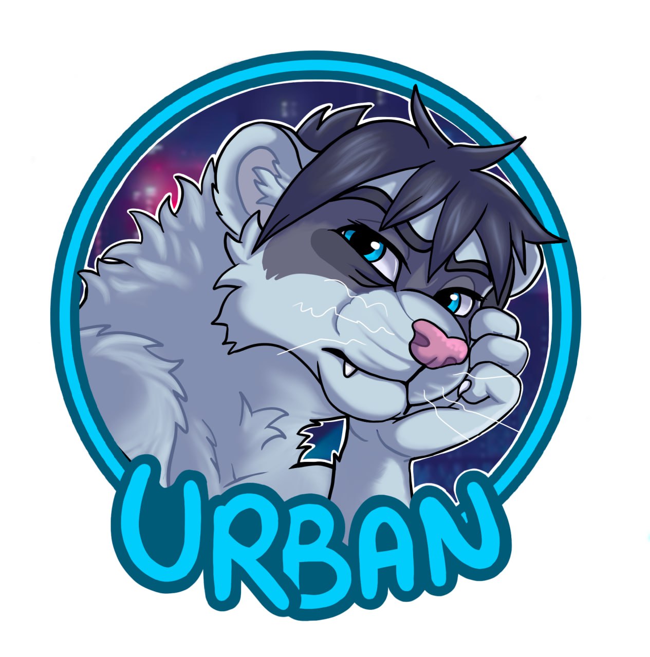 An illustrated profile photo of Urbanm a grey ferret, enclosed in a blue circle with "Urban" written along the bottom curve. He looks very grumpy.